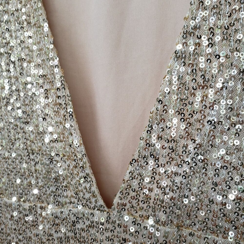 NWT WAYF Gold Sequin Open Back Long Sleeve Mini Dress Rhinestone Strap S - Picture 7 of 15